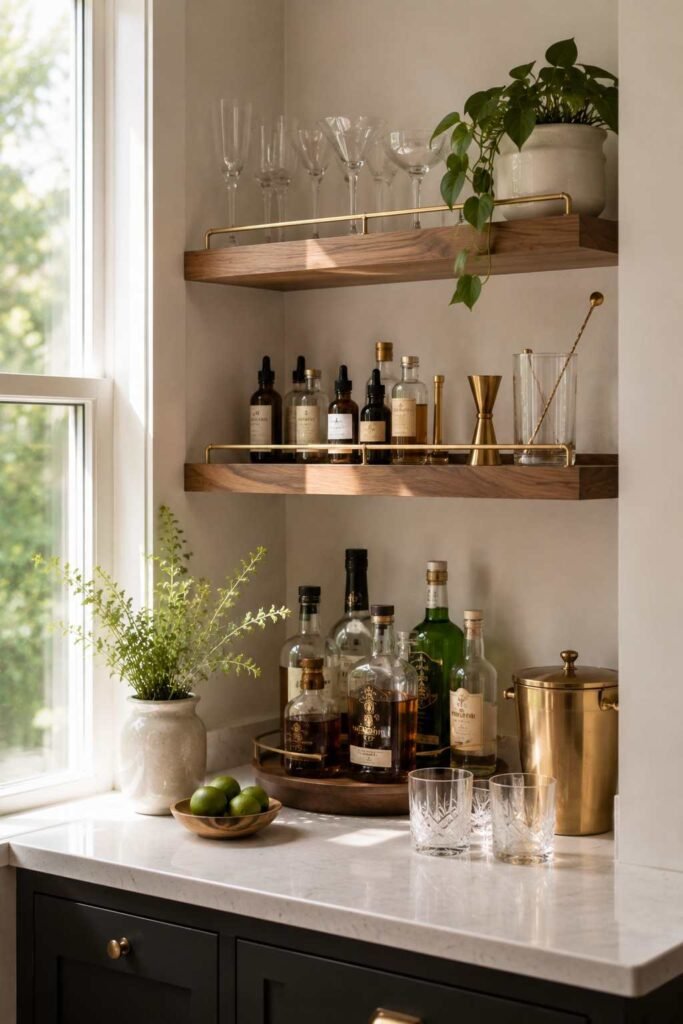 26 Kitchen Open Shelving Ideas for Corners: Styles, Sizes and Layouts 12 Kitchen corner bar shelves with glassware and a narrow rail to keep stems in place