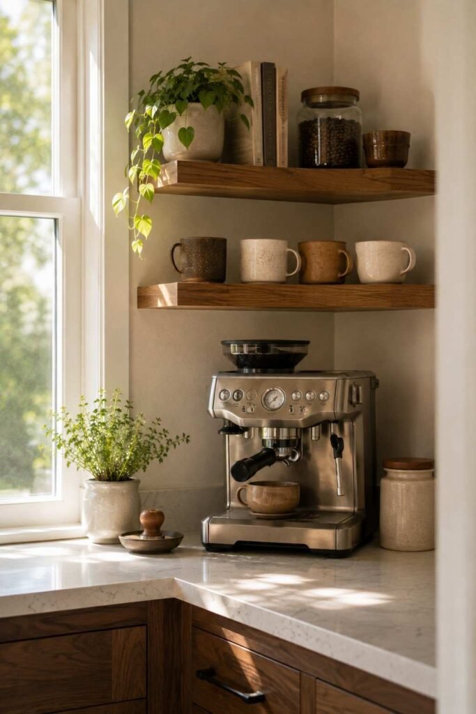 26 Kitchen Open Shelving Ideas for Corners: Styles, Sizes and Layouts 11 Corner coffee station with mugs and canisters on open wood shelves above the counter