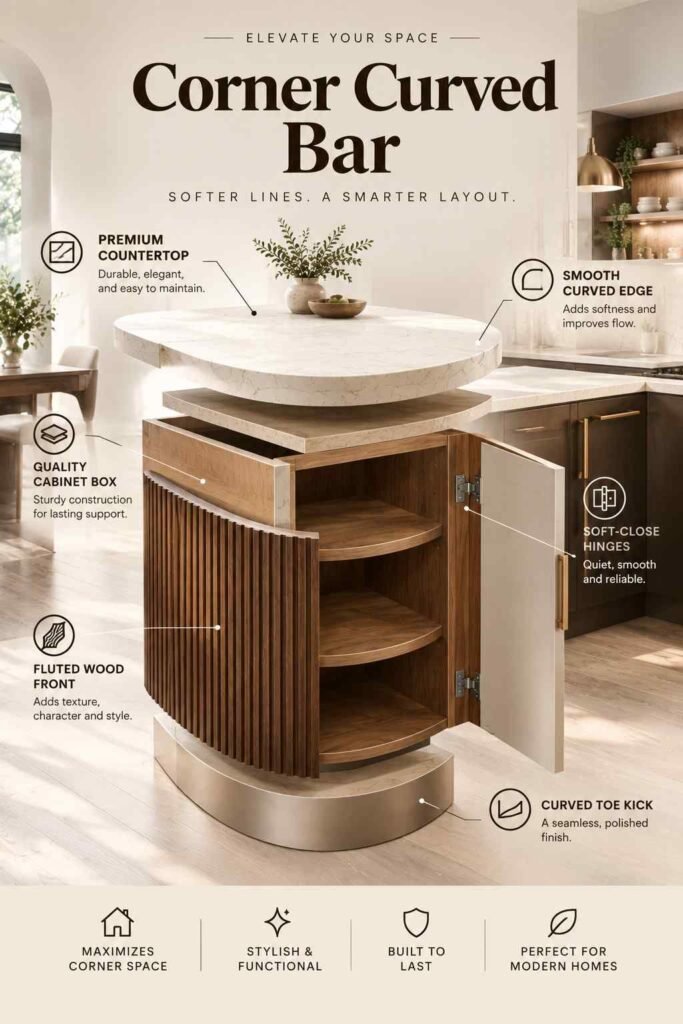 Stylish Breakfast Bar Ideas to Transform Your Kitchen in 2026 8 Corner curved bar with a rounded cream quartz countertop, walnut cabinetry, fluted wood front, brass hardware, and open storage in a modern kitchen.