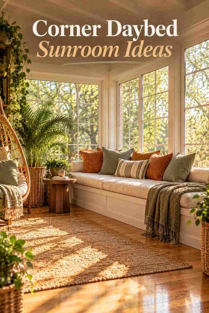 Low daybed with cream cushions and a folded throw tucked into a sunroom corner between two windows.