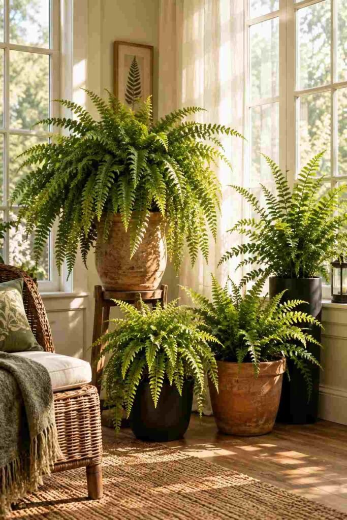 Lush Fern Sunroom Ideas to Turn Any Room Into a Living Retreat (Ideas, Plants & Care Tips) 3 Corner fern cluster idea in a lush fern sunroom
