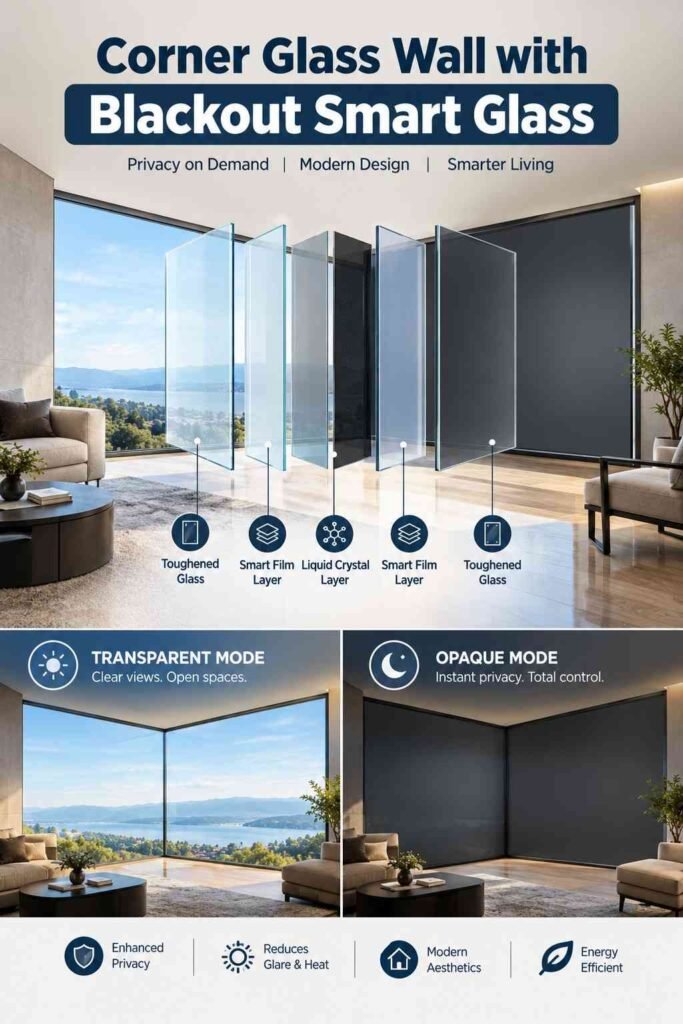 Luxury Corner Glass Wall Ideas to Transform Modern Home Design 7 Corner glass wall with blackout smart glass in a modern luxury living room, shown in transparent and opaque modes.