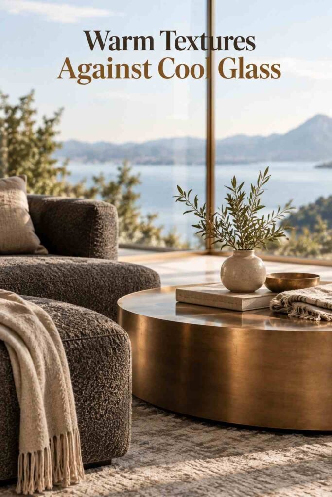 Luxury Corner Glass Wall Ideas to Transform Modern Home Design 4 Styled coffee table with books and ceramics in front of a blurred glass corner living room wall.