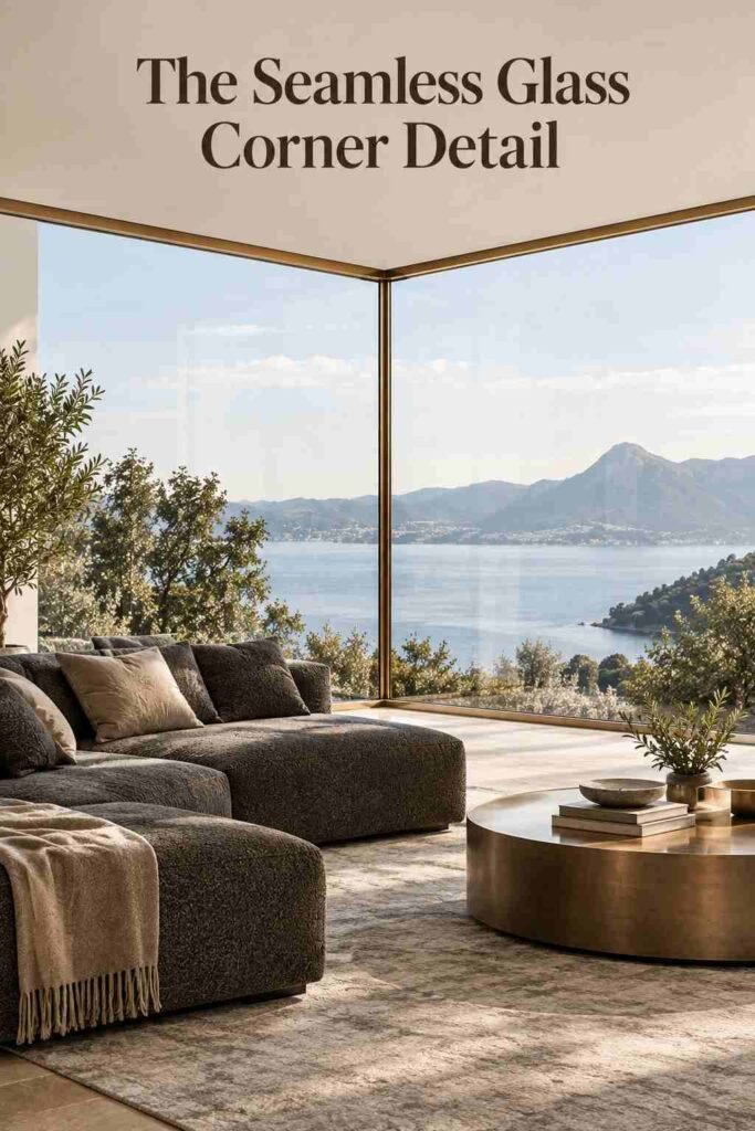 Luxury Corner Glass Wall Ideas to Transform Modern Home Design 2 Close-up of a frameless mitered glass corner joint in a modern living room.