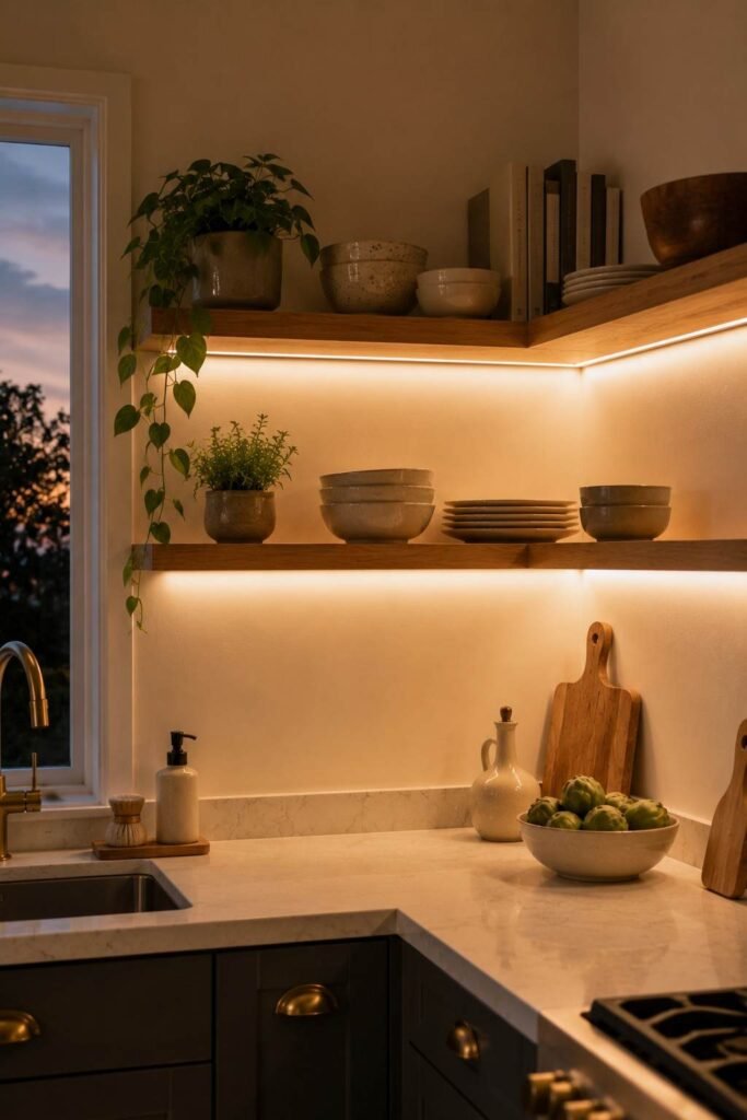 26 Kitchen Open Shelving Ideas for Corners: Styles, Sizes and Layouts 7 Warm under-shelf LED lighting glowing on floating kitchen corner shelves at dusk