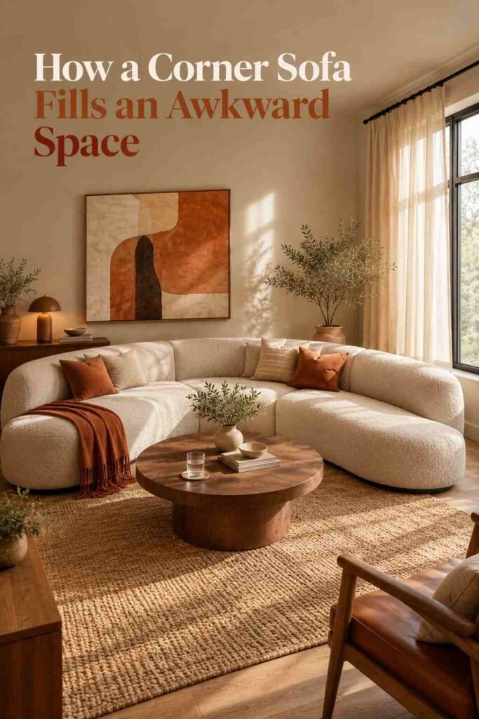 Corner Sofa Designs to Elevate Every Living Room in 2026 2 Three-quarter view of a curved corner sofa fitted into a living room corner beside a large window.