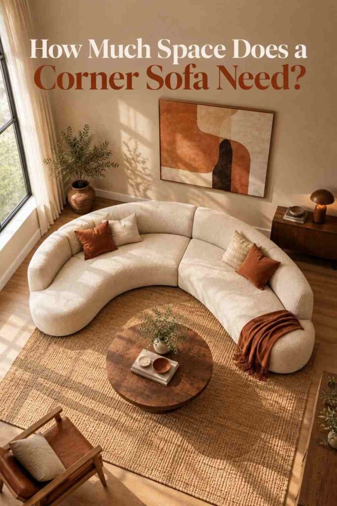 Corner Sofa Designs to Elevate Every Living Room in 2026 3 Overhead view of a living room layout showing a curved corner sofa, coffee table, and walkway clearance.