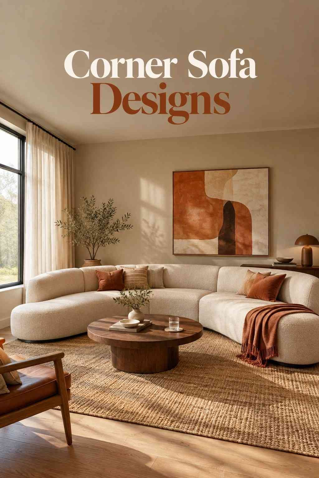 Curved oatmeal boucle corner sofa in a warm neutral living room with a walnut coffee table and terracotta accents.