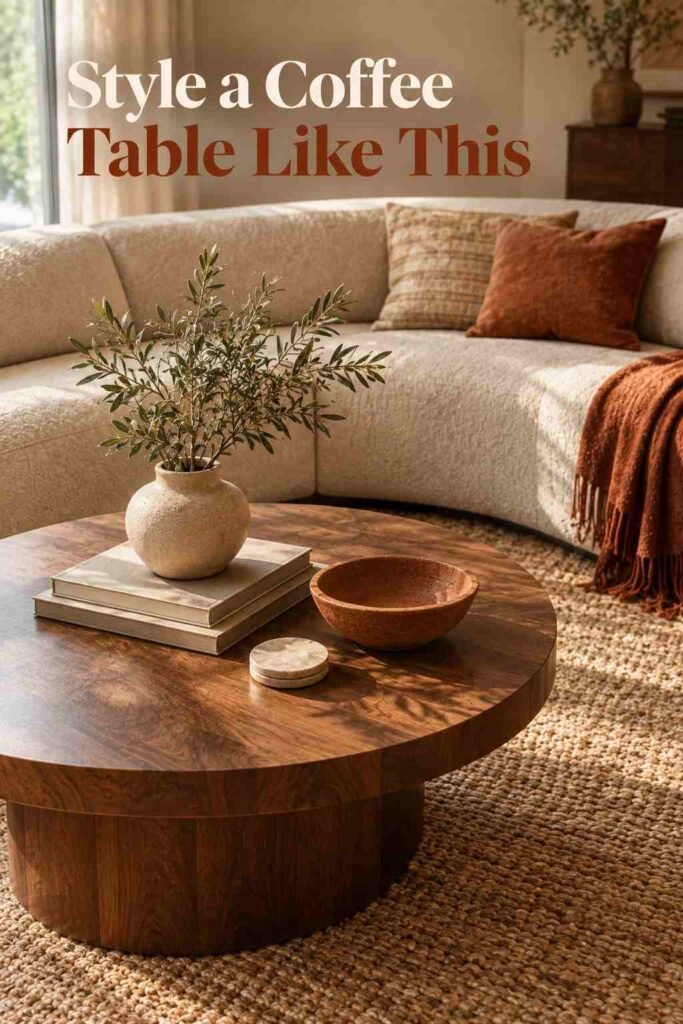 Corner Sofa Designs to Elevate Every Living Room in 2026 13 Styled walnut coffee table with ceramic vase and terracotta bowl in front of a curved corner sofa.