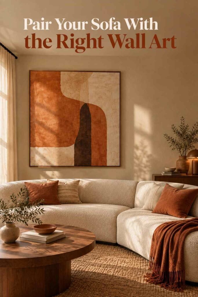 Corner Sofa Designs to Elevate Every Living Room in 2026 12 Large abstract wall art in warm tones hanging above a curved oatmeal corner sofa.
