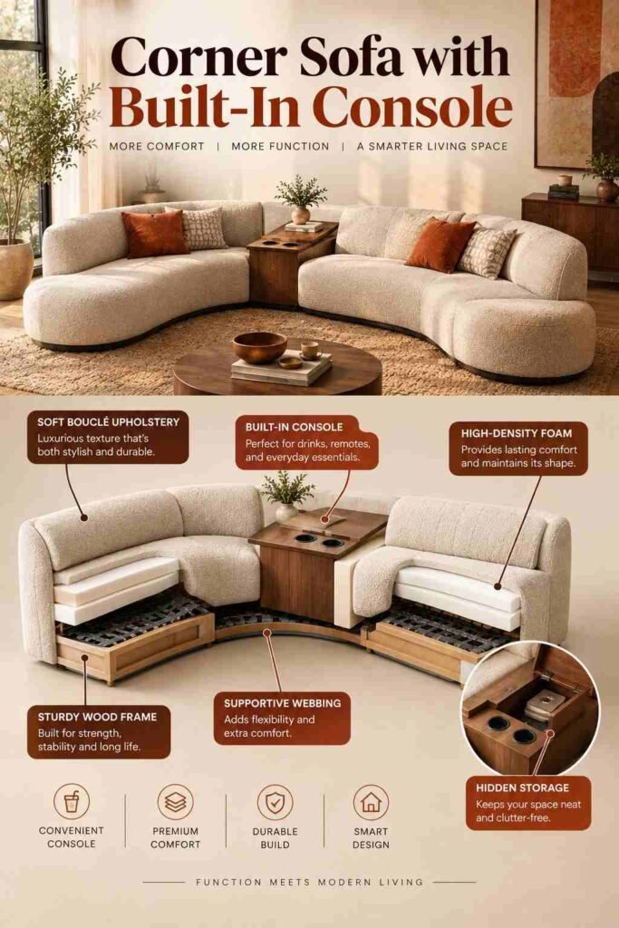 Corner Sofa Designs to Elevate Every Living Room in 2026 6 Corner sofa with built-in console shown in an exploded view with bouclé upholstery, foam cushions, webbing, wood frame, and hidden storage.