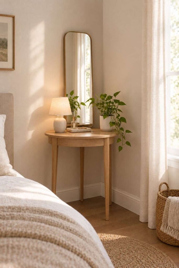 Mirror Table Decor Bedroom: 26 Stylish Ideas for Nightstands, Dressers & Vanities 19 Corner table with a slim mirror and lamp in a small bedroom