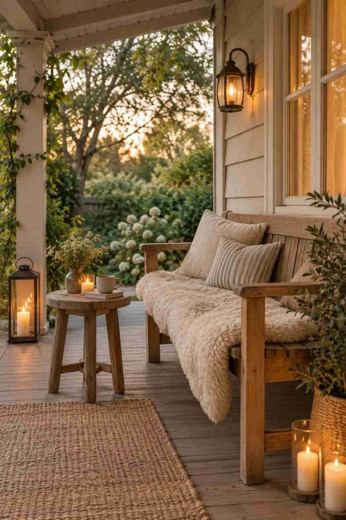26 Scandinavian Cottage Interior Design Ideas for a Warm, Nordic, Light-Filled Home 20 Cottage porch with wooden bench, sheepskin, and lantern at dusk