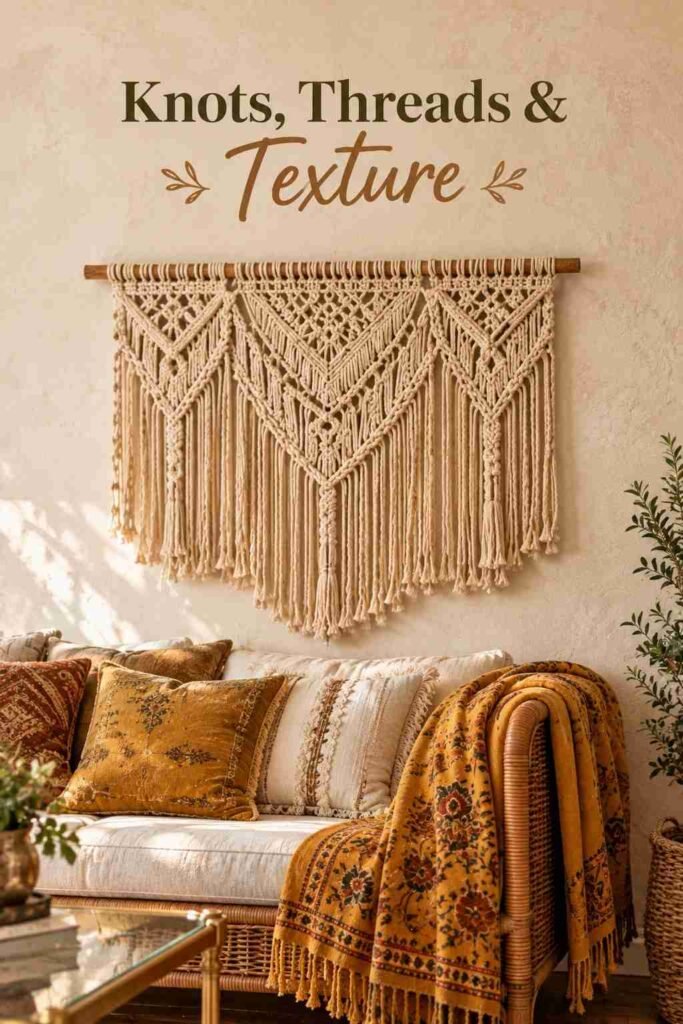 Boho Sunroom Ideas Vintage Lovers Will Adore 5 Cream cotton macramé wall hanging above a mustard embroidered throw draped over a rattan sofa arm.