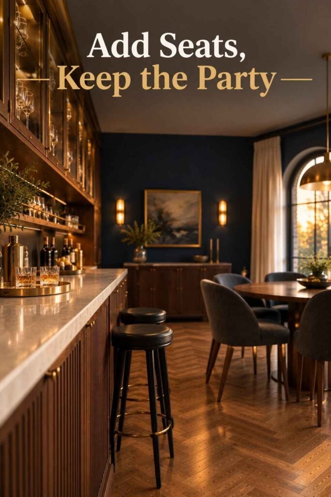 Dining Room Bar Ideas to Make Every Dinner Feel Like a Party 13 Two black metal stools at a cream stone bar counter with a walnut base, a small tray holding two rocks glasses, and a navy wall behind.