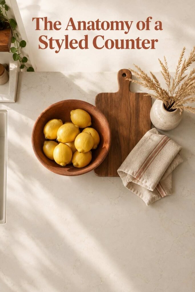 Kitchen Counter Decor Ideas to Transform Your Kitchen in 2026 2 Overhead view of a kitchen counter styled with a ceramic bowl, wood cutting board, and folded linen towel.