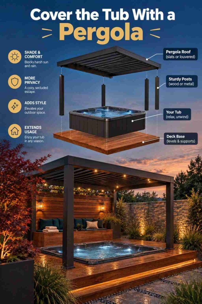 Exploded view of a pergola-covered hot tub showing the roof, posts, spa, and deck base in a luxury backyard.