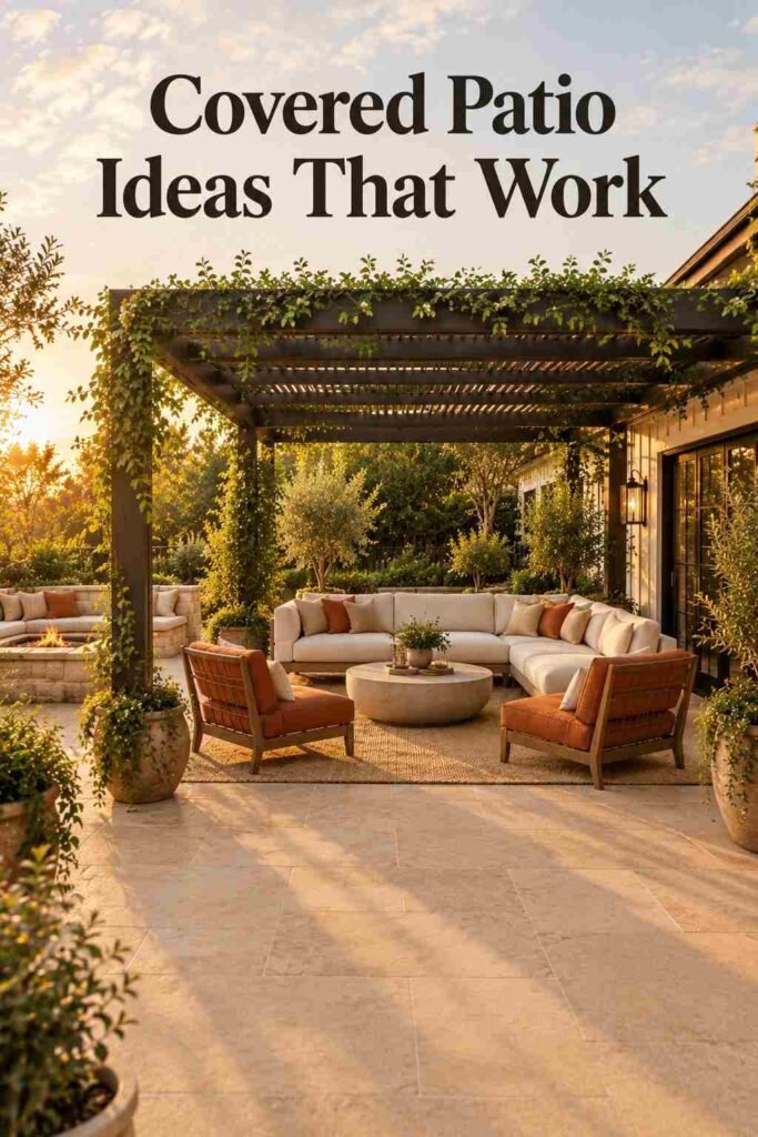 Backyard Patio Designs to Transform Your Outdoor Space in 2026 7 Terracotta lounge chairs beneath a charcoal pergola with climbing vines, filtering warm afternoon light onto a stone patio.