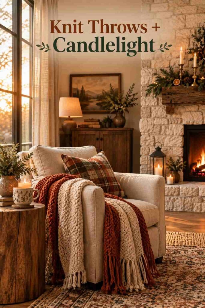 Cozy Christmas Decor Ideas to Make Every Room Feel Warm and Inviting 4 Linen armchair by a fireplace styled with a chunky knit throw, plaid pillow, and a lit candle on a side table.