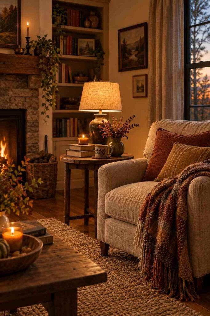 Fall Decor Indoor Ideas to Transform Your Home This Season That Actually Feel Warm 2 Warm lamp-lit living room corner styled with fall textures for a cozy indoor autumn feel