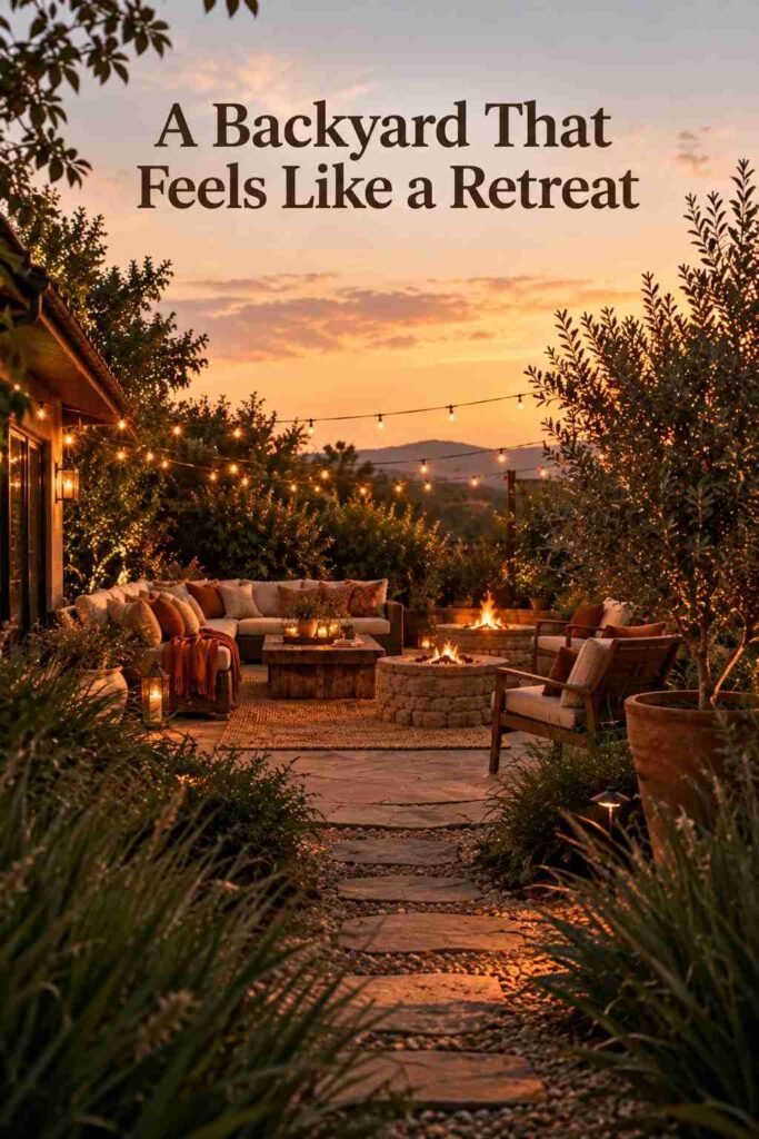 Cozy Outdoor Backyard Ideas to Transform Your Outdoor Space 8 Wide view of a backyard patio glowing with fire pit and string lights, framed by ornamental grasses and a potted olive tree.