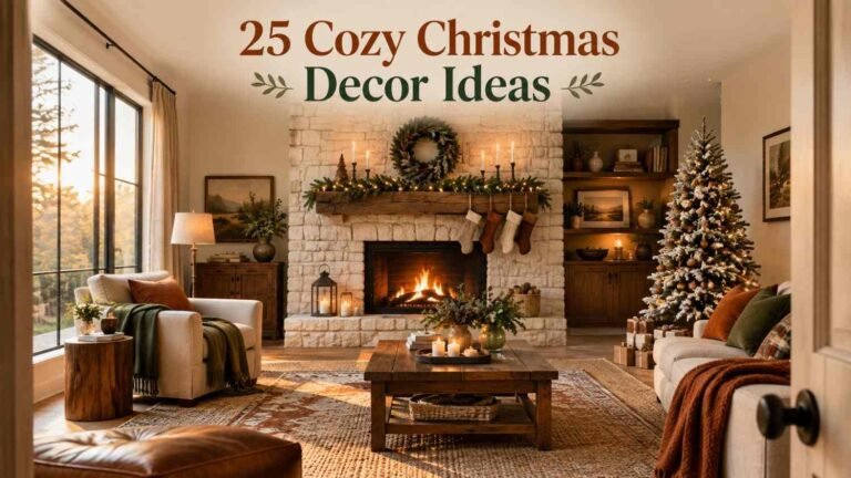 Rustic living room decorated for Christmas with a stone fireplace, walnut mantel, and layered wool rug in burnt orange and cream tones.