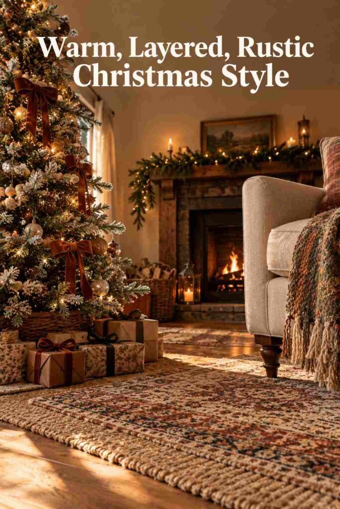 Cozy Christmas Decor Ideas to Make Every Room Feel Warm and Inviting 11 Low-angle view of a layered wool rug and the base of a flocked Christmas tree with wrapped gifts in a warm living room