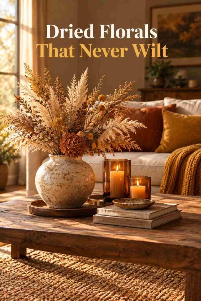 Coffee table styled with dried pampas grass, amber glass candles, and linen-bound books.