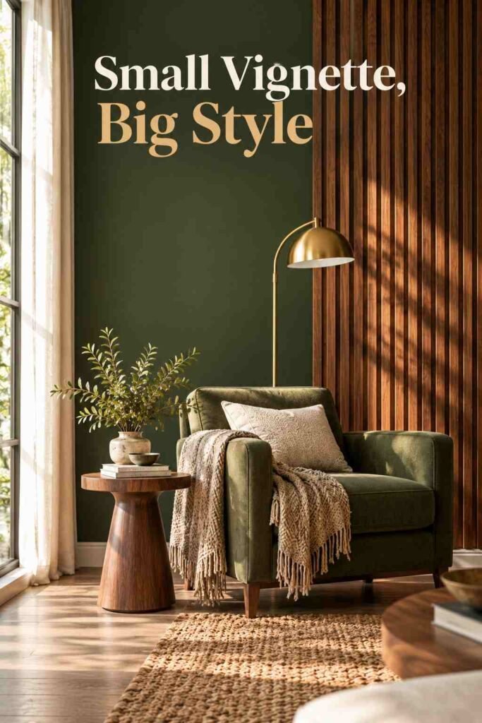 Armchair and plant styled in a corner in front of a green accent wall.