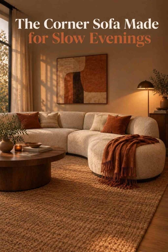 Corner Sofa Designs to Elevate Every Living Room in 2026 14 Curved corner sofa styled with a throw blanket and warm lamp light in the late afternoon.