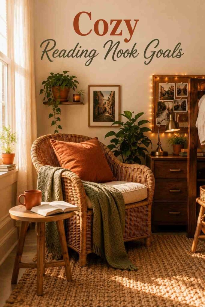 Rattan chair reading nook with a sage throw blanket, side table, mug, and open book.