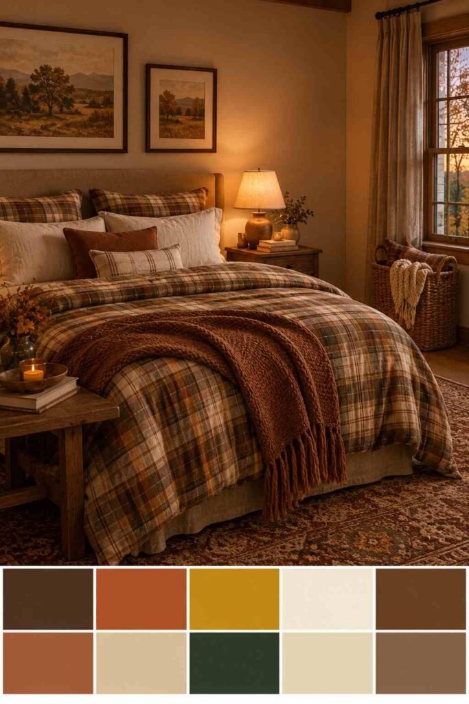 Fall Decor Indoor Ideas to Transform Your Home This Season That Actually Feel Warm 20 Cozy fall bedroom with flannel bedding and woven basket, shown with a color palette swatch strip
