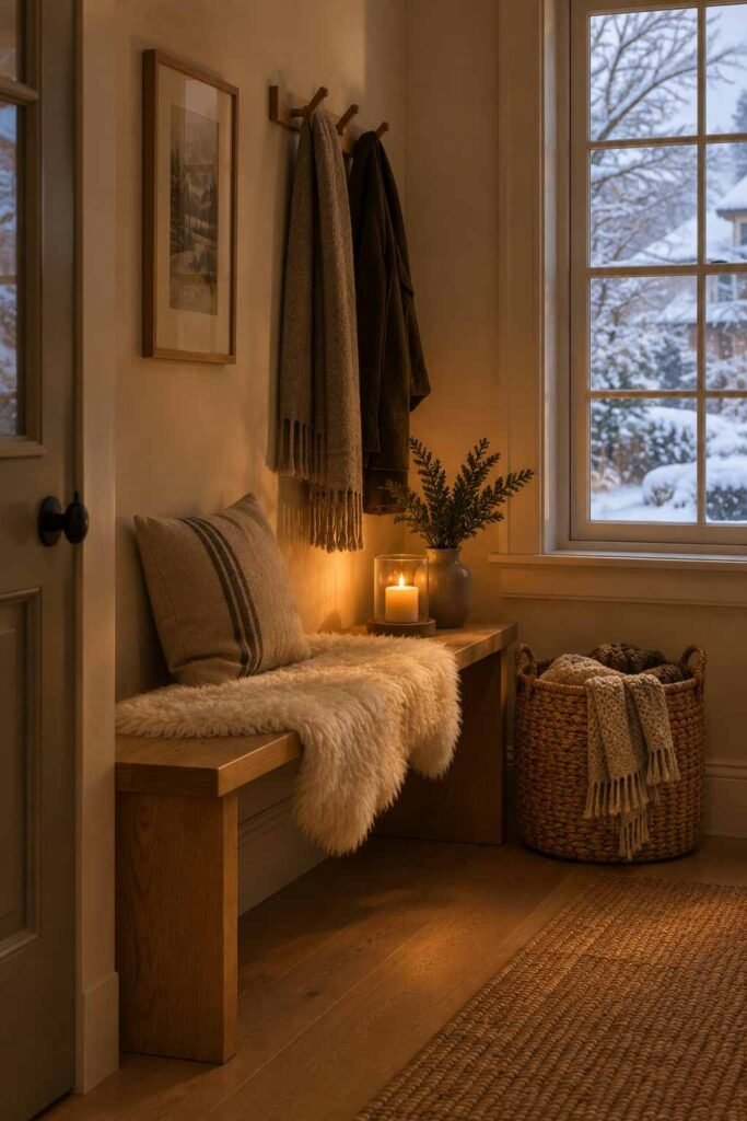 Cozy winter entryway corner with sheepskin, throws and candle in a Scandinavian style