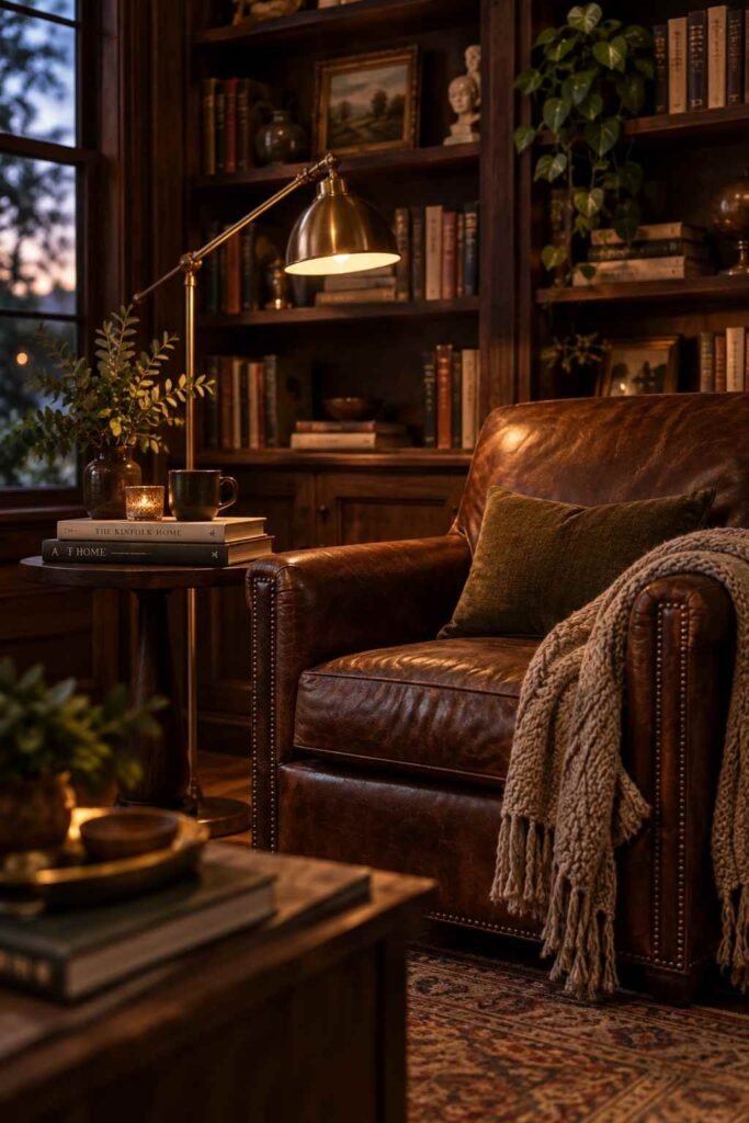 26 Dark Wood Living Room Design Ideas for Walls, Floors & Furniture 2 Cozy library-style dark wood living room with leather armchair and warm brass lamp