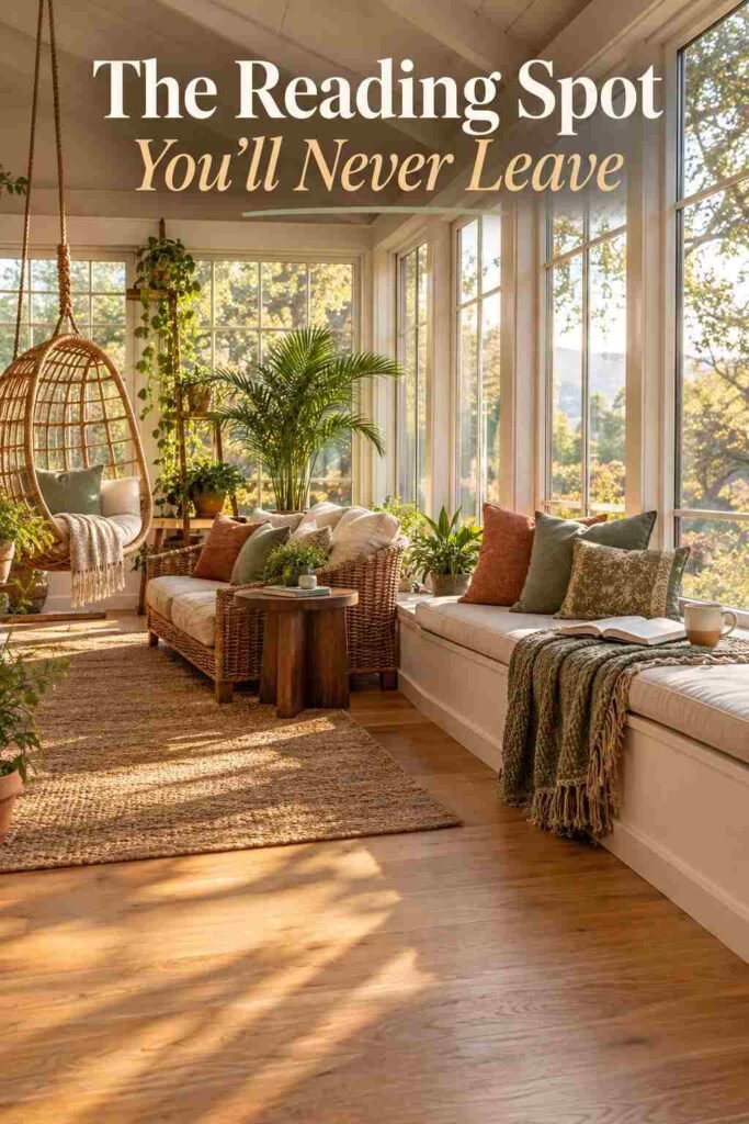 Window seat bench styled with an open book, folded throw, and ceramic mug in a sunlit sunroom.