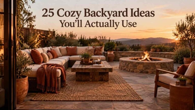 Backyard patio lounge at dusk with a rattan sectional, terracotta cushions, and a lit stone fire pit under string lights.