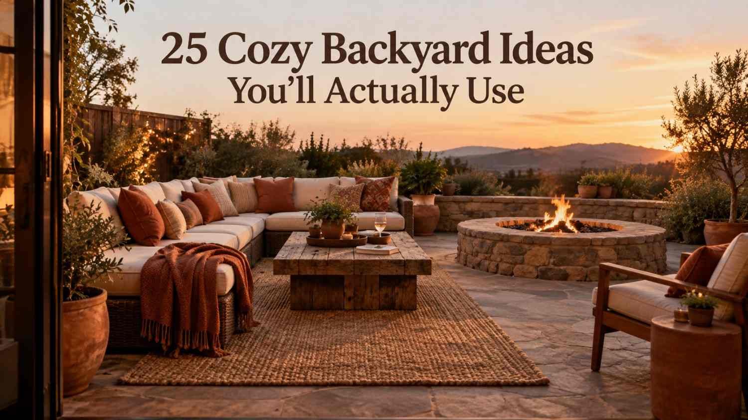 Backyard patio lounge at dusk with a rattan sectional, terracotta cushions, and a lit stone fire pit under string lights.