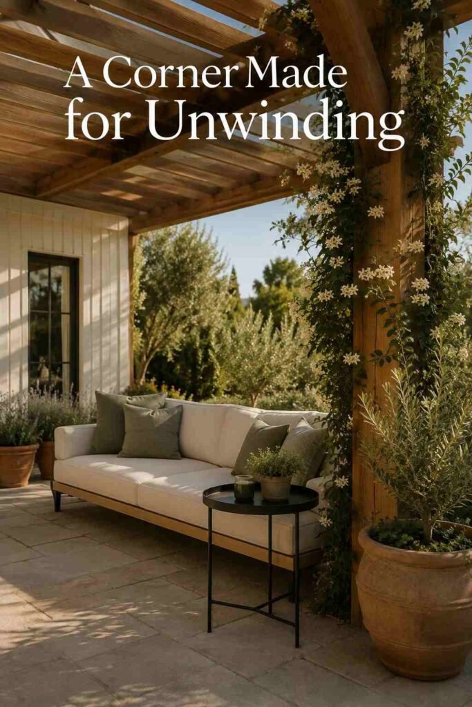Cream outdoor sofa with sage green pillows and a round black side table beside a jasmine-covered cedar post and an olive planter.