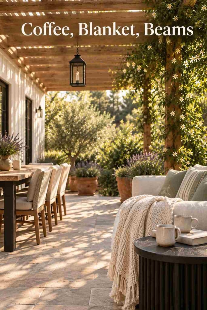 Folded cream throw on a sofa arm beside a round black table holding two steaming ceramic mugs and a closed book under a cedar pergola.