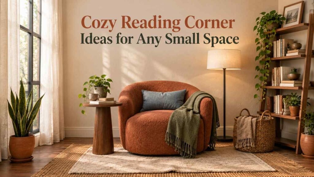 Cozy Reading Corner Ideas to Turn Any Empty Space Into a Retreat 13 Cozy reading corner ideas shown in a terracotta bouclé armchair angled into a corner beside a tall window, with a walnut side table, layered rugs, and a lit floor lamp.