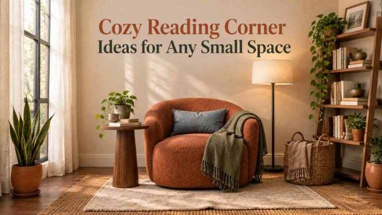 Cozy reading corner ideas shown in a terracotta bouclé armchair angled into a corner beside a tall window, with a walnut side table, layered rugs, and a lit floor lamp.
