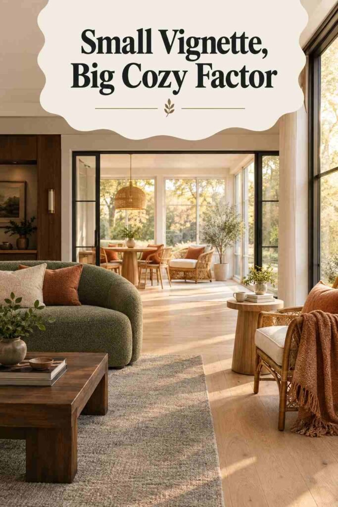 Cozy reading nook in a sunroom corner with a side table, stacked books, and a throw blanket over a rattan chair.