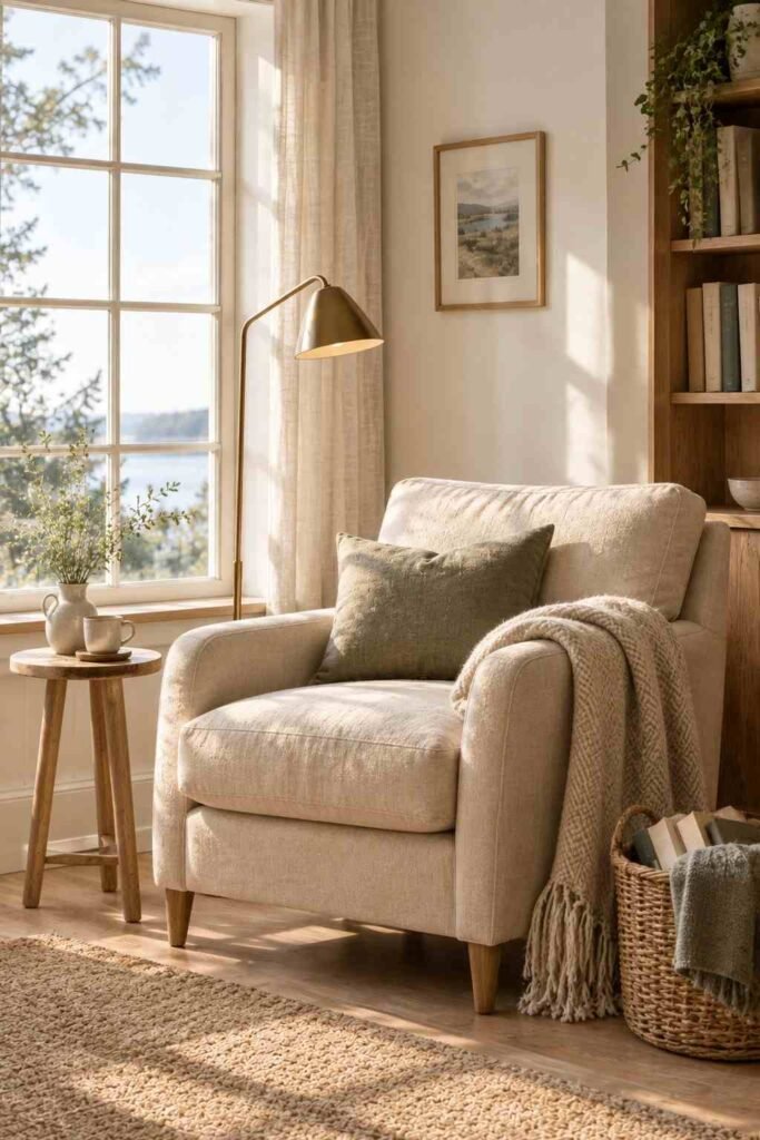 26 Scandinavian Cottage Interior Design Ideas for a Warm, Nordic, Light-Filled Home 8 Cozy reading nook with armchair, floor lamp, and book basket by a cottage window