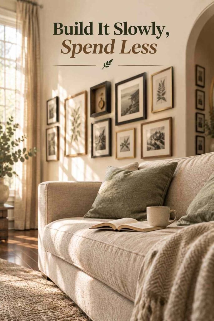 Picture Frame Wall Ideas to Turn Blank Walls Into Personal Stories 15 Rumpled sage green pillows, an open book, and a ceramic mug on a linen sofa beneath a blurred gallery of framed art.