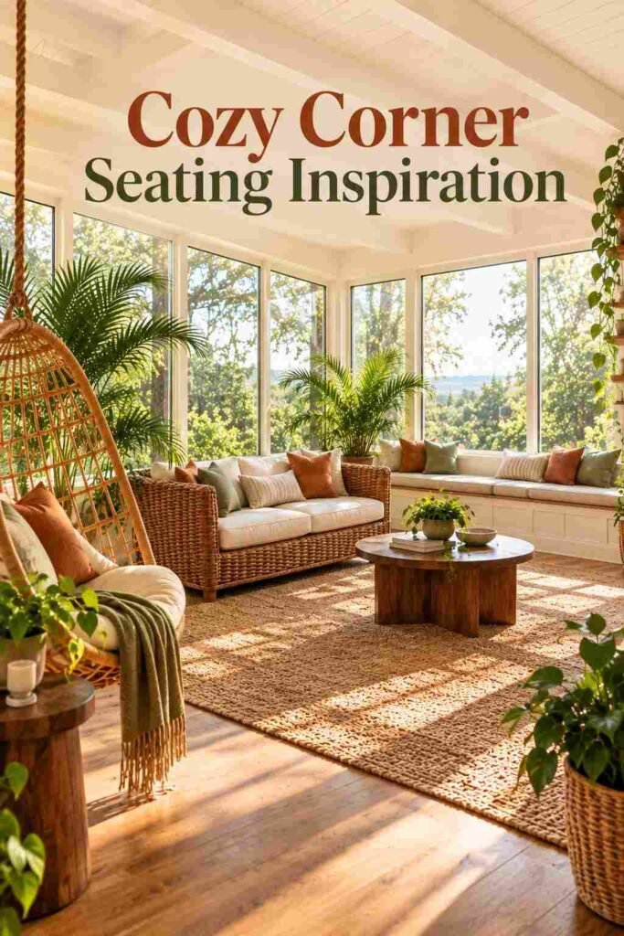 Sunlit sunroom corner showing a cream wicker loveseat and window seat bench with terracotta cushions.