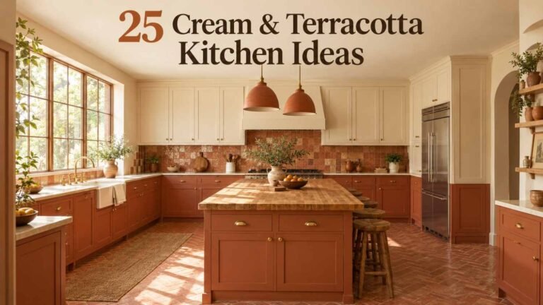 Cream and terracotta kitchen with two-tone cabinets, terracotta tile floor, and a butcher-block island.