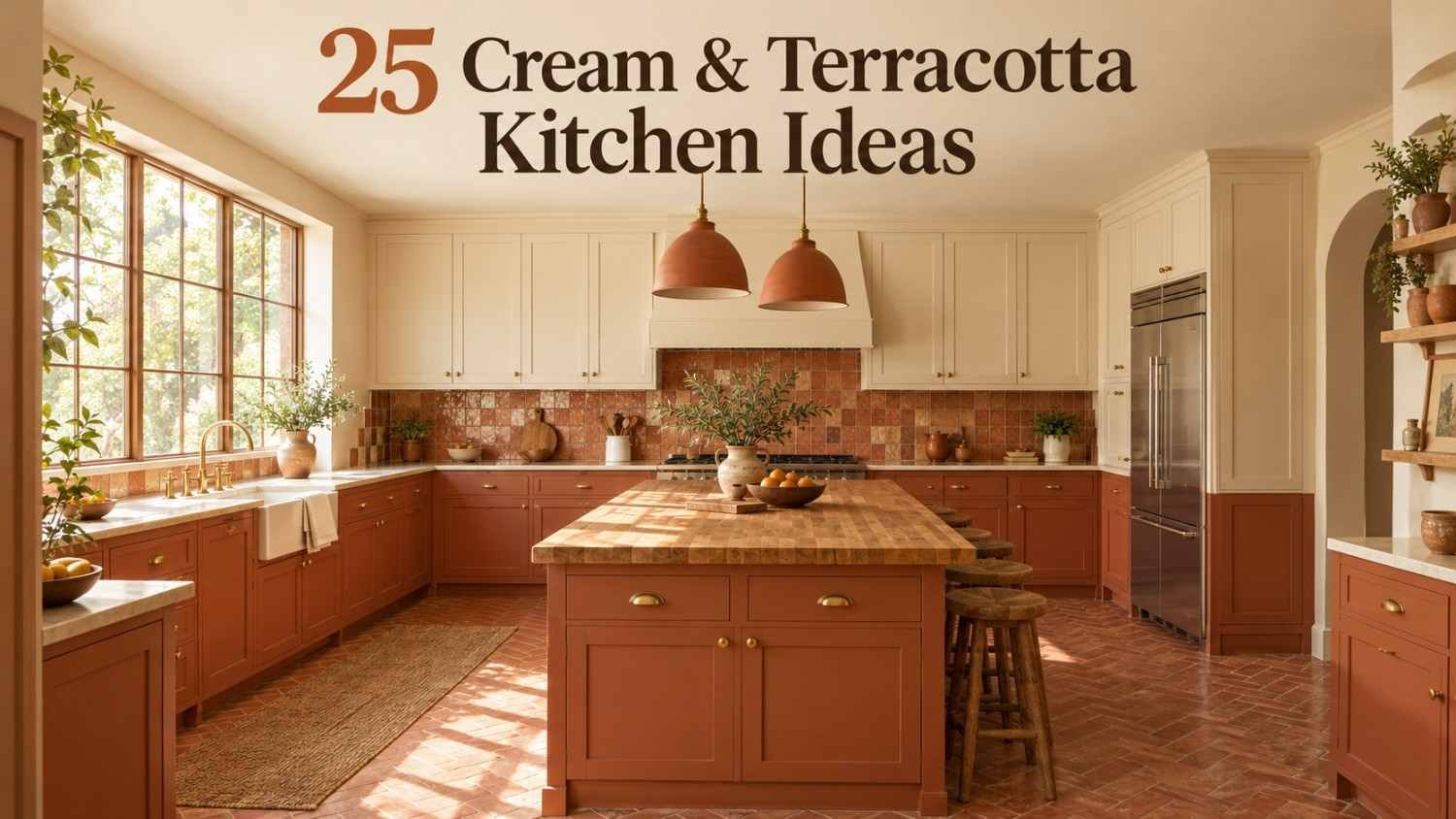 Cream and terracotta kitchen with two-tone cabinets, terracotta tile floor, and a butcher-block island.
