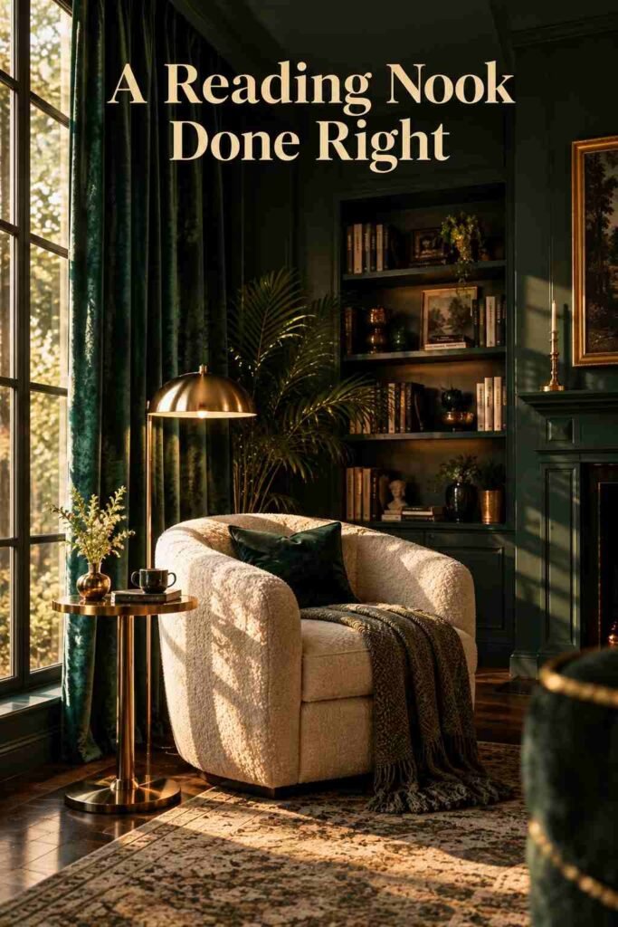 Cream boucle armchair reading nook beside emerald velvet drapes and a brass lamp.