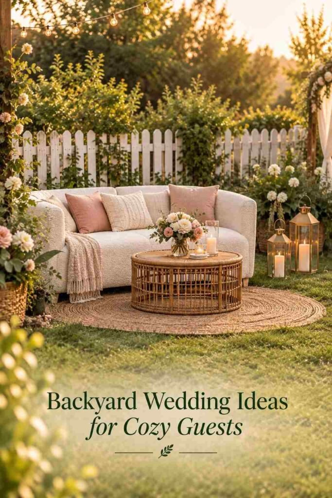 Cream bouclé sofa on a woven jute rug in a lounge corner beside a white picket fence, lit by low golden sunlight.