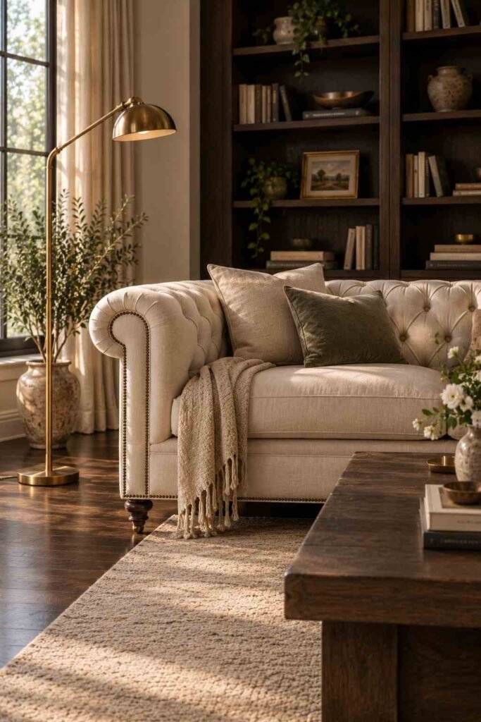 26 Dark Wood Living Room Design Ideas for Walls, Floors & Furniture 14 Cream Chesterfield sofa in a dark wood living room with walnut floor